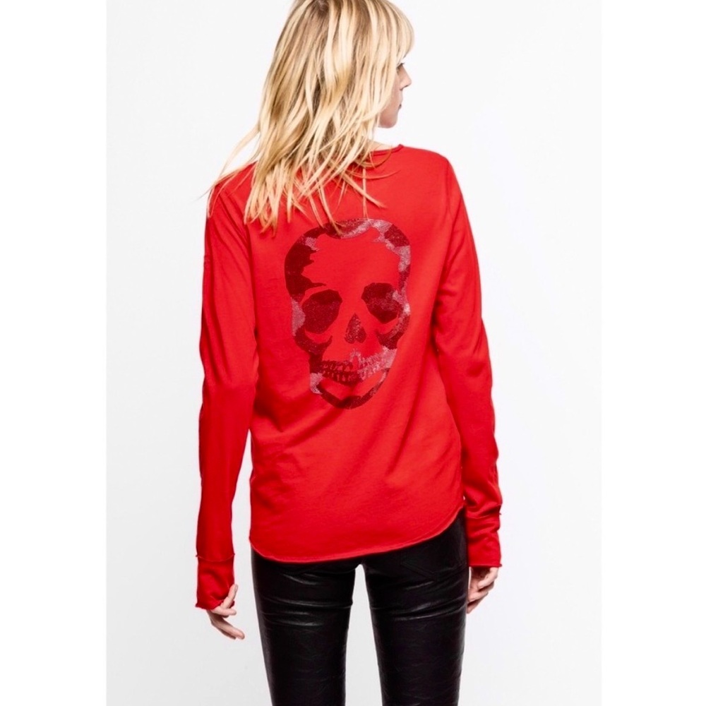 Zadig & Voltaire Tunisien Long Sleeve Embellished Skull T Red Silver Black $128